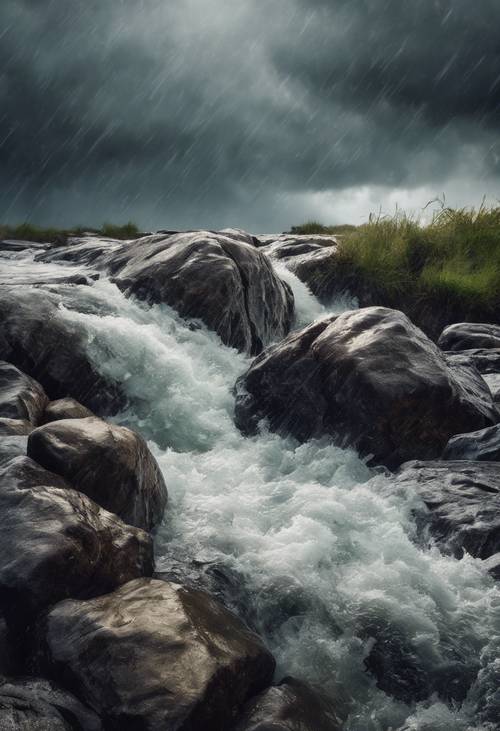 Ein reißender, regendurchfluteter Fluss, der unter stürmischem Himmel gegen schroffe Felsen schlägt.
