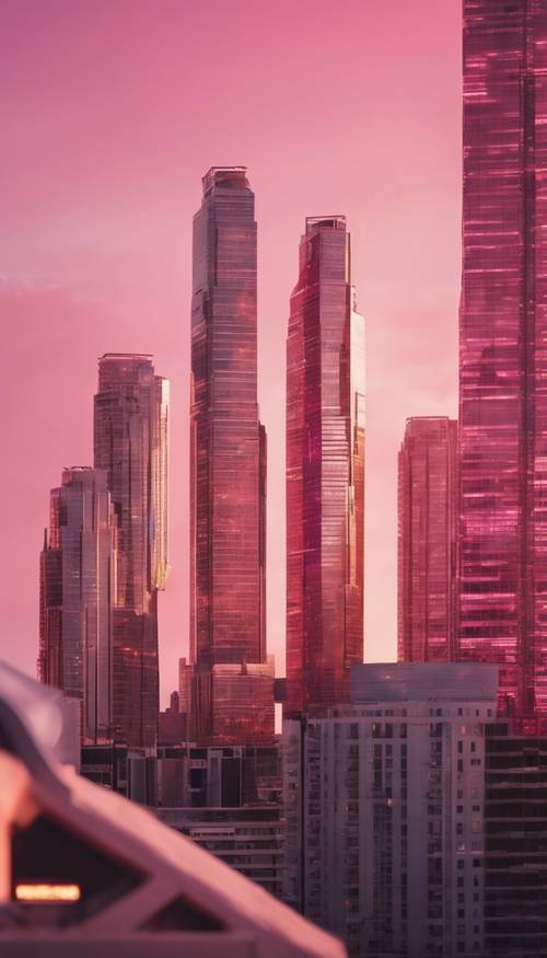 Một cụm tòa nhà chọc trời màu hồng bóng mượt rực sáng dưới ánh mặt trời lặn.