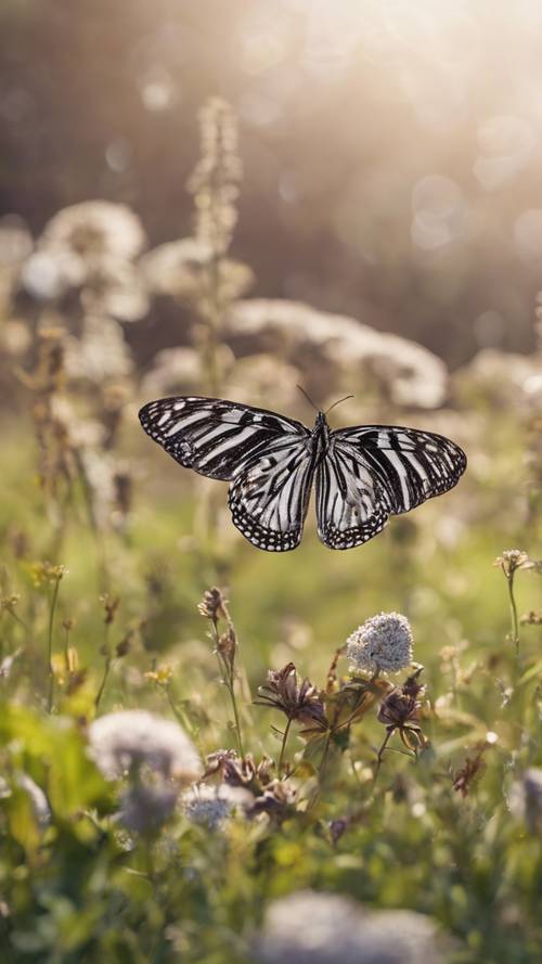 Rencontre d&#39;un zèbre avec un papillon curieux dans une prairie printanière.