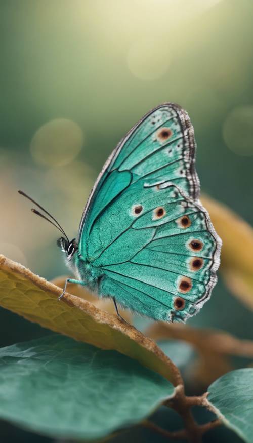 لقطة مقربة تفصيلية لفراشة ذات لون أزرق مخضر تستقر على ورقة شجر