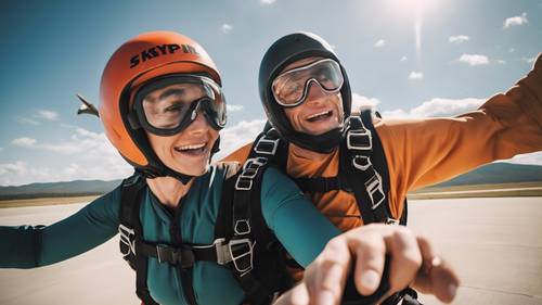 An adrenaline-filled scene of a couple moments before skydiving, their shared excitement and anticipation palpable