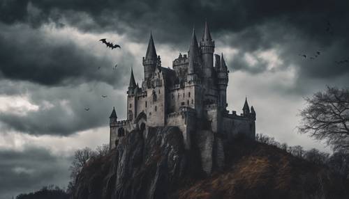 A gothic castle perched on a cliff, with a storm brewing and bats swirling in the tormented sky. Шпалери [20ea2a3f4a1b442496c0]