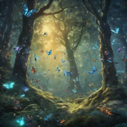 황혼 속에서 춤추는 인광 곤충들로 가득한 마법의 숲.