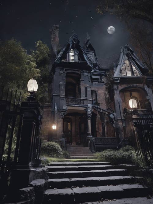 Una valla de ladrillo negro que rodea una mansión victoriana embrujada bajo una noche de luna llena.