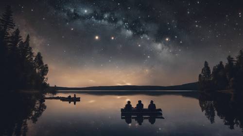 Camper genießen eine ruhige Julinacht auf einem Campingplatz am Seeufer mit einem Himmel voller Sternbilder.