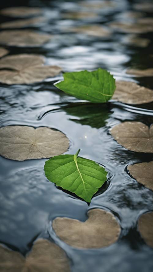 An image of a single green leaf floating in a mild stream, with a zen quote. Wallpaper [24f6368636604193bc6a]