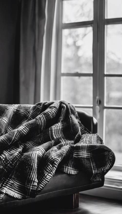 Una manta a cuadros en blanco y negro cubría un cómodo sofá de cuero, la fría tarde de otoño visible a través de la ventana cercana.