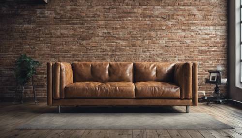 Modern industrial style living room with a tan leather couch against a weathered brick wall.