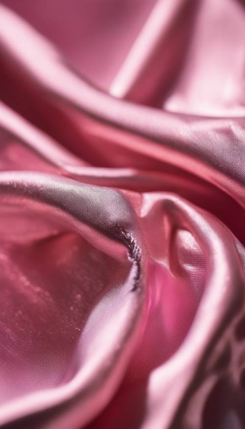 Tampilan close up dari sepotong kain metalik merah muda yang memantulkan sinar matahari.