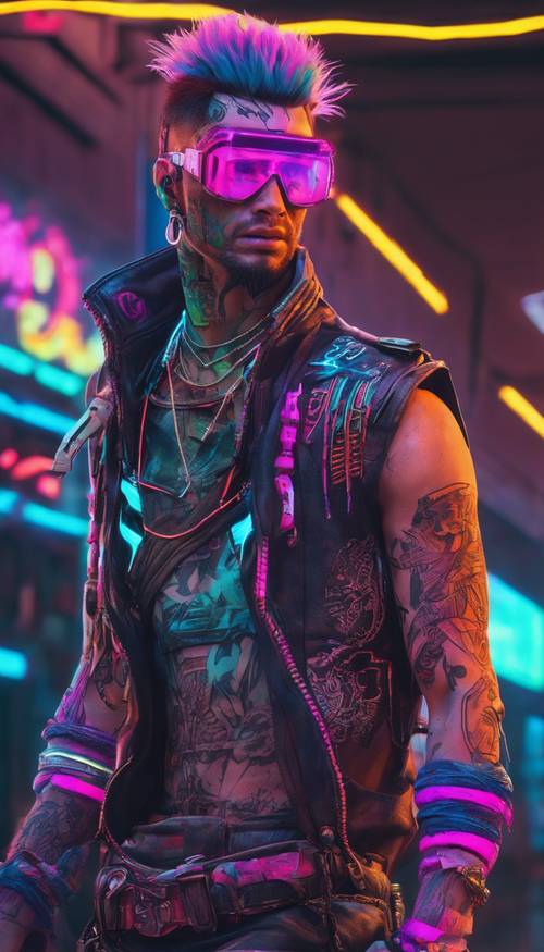 Seorang bajak laut futuristik, dengan tato neon bersinar di kulitnya.