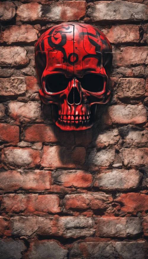 Un crâne rouge et noir de style graffiti sur un mur de briques