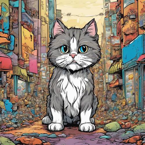 قطة فارسية كرتونية خجولة وصغيرة الحجم، تائهة في مدينة كرتونية كبيرة وملونة وصاخبة.