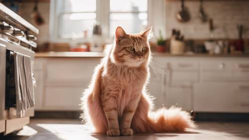 一只粉红色的缅因猫，长着浓密的尾巴，睡眼惺忪地跌跌撞撞地走进温暖、阳光明媚的厨房。