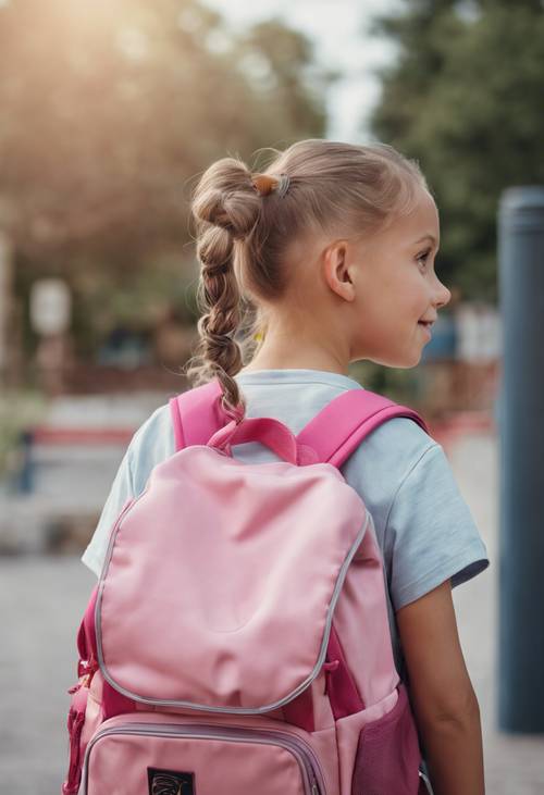 Potret seorang gadis muda dengan kuncir dan ransel merah muda dengan penuh semangat hendak masuk sekolah.