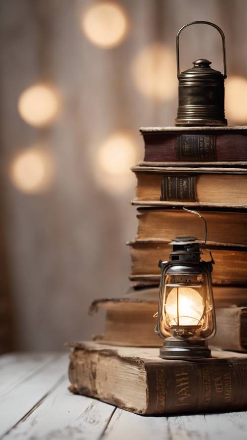 Plusieurs vieux livres abîmés empilés au hasard sur une table en bois blanc, avec une lanterne qui brille doucement à proximité.