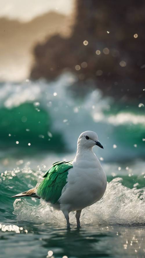 A dreamscape where waves from an emerald green sea turn into doves.