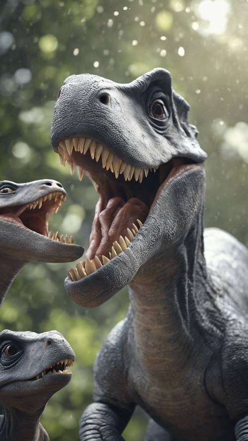 Un dinosauro grigio sorridente che viene inondato di affetto dai suoi piccoli.