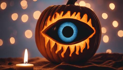 A spooky evil eye pumpkin carved for Halloween with a candle softly glowing inside.