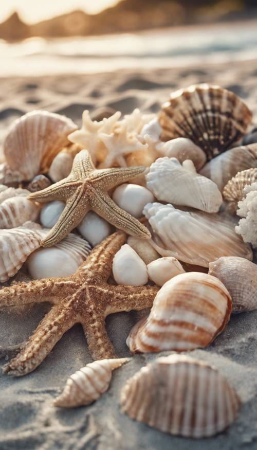 Collage bohème avec une ambiance de plage distincte avec des coquillages, des étoiles de mer et des vagues.