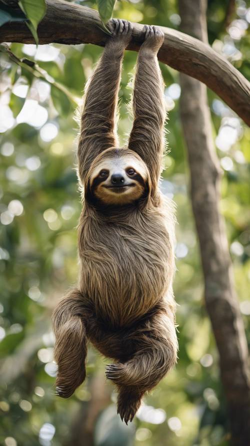 A sloth stretching its arms wide open after a good sleep on a tree.