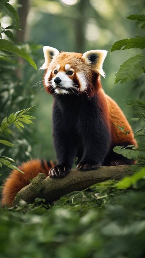 Yemyeşil orman evine bakan, dimdik duran görkemli bir kırmızı panda.