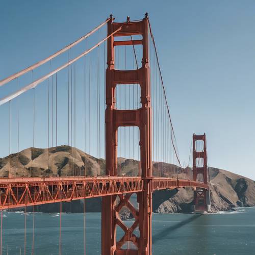 The Golden Gate Bridge pictured against a clear blue San Francisco sky.