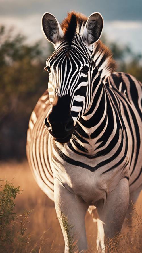 Una zebra alta nella savana, con un arcobaleno che adorna il cielo dietro.