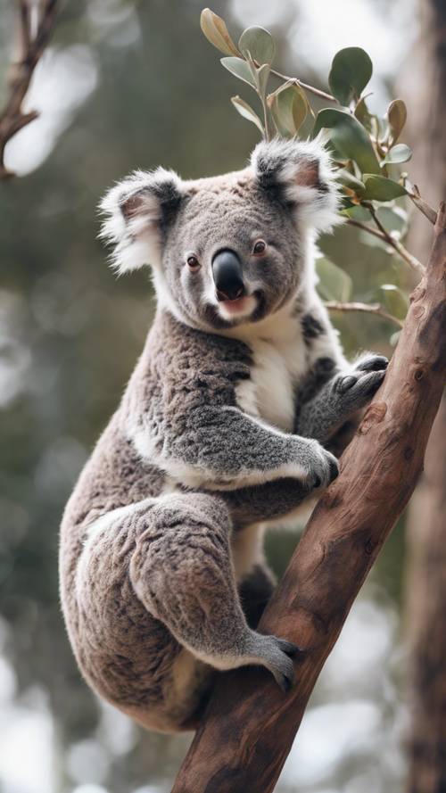 Một chú gấu koala đáng yêu đang bám trên cành cây, được vẽ theo phong cách tối giản.