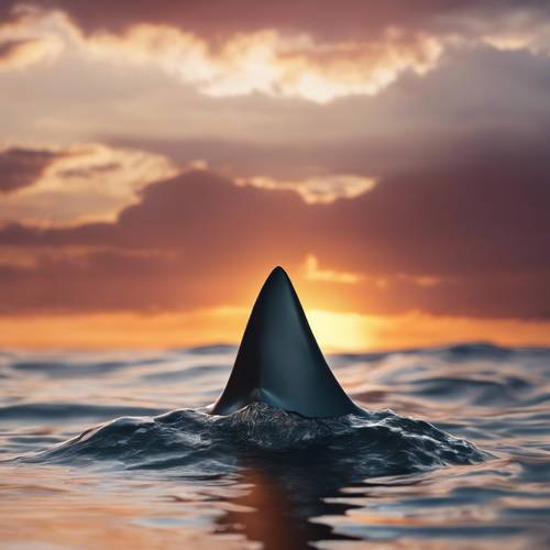 Shark fin emerging from the ocean water reflecting a stunning sunset.