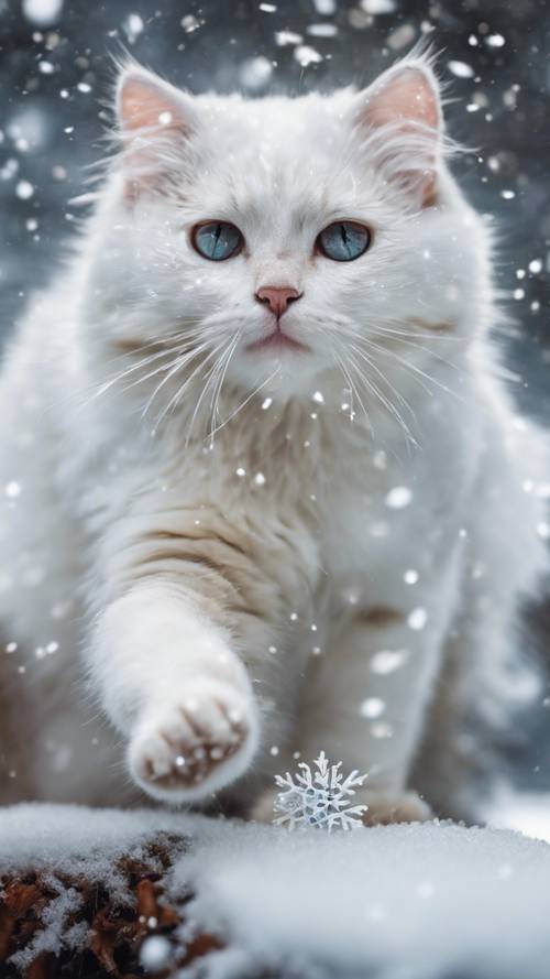 Un jeune chat blanc California Spangled tendant timidement une patte pour toucher un flocon de neige tourbillonnant, lors de sa première rencontre avec la neige hivernale.