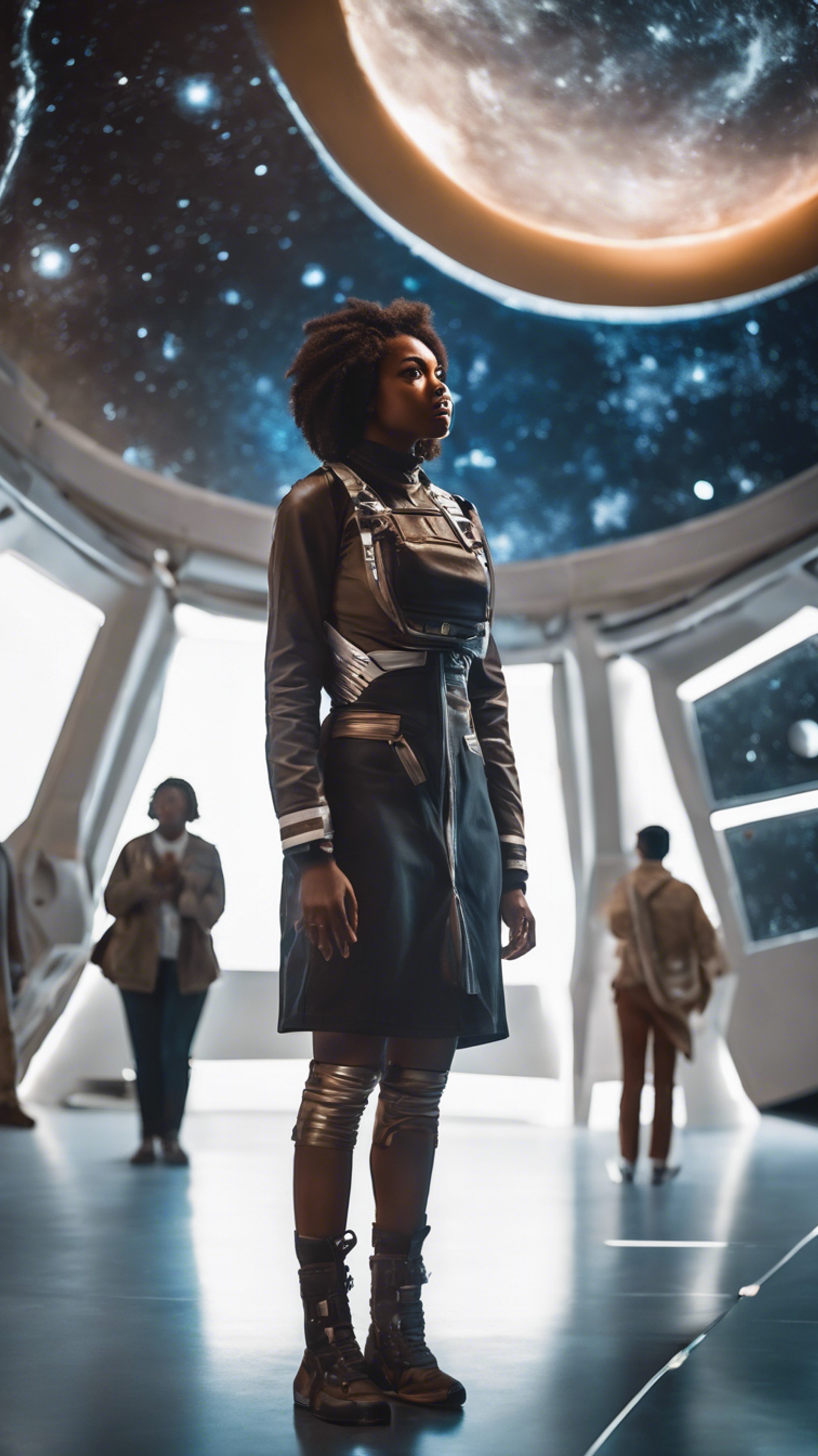 An ambitious black girl standing before a sleek spacecraft at a space museum, fascinated by the mysteries of the cosmos. Wallpaper[625b8f2cad91444c87e2]