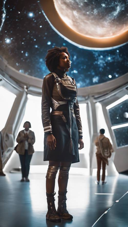 一位雄心勃勃的黑人女孩站在太空博物馆的一艘光滑的宇宙飞船前，对宇宙的奥秘着迷。