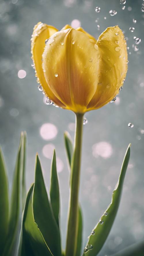 Um close de uma tulipa amarela vibrante com gotas de orvalho nas pétalas.