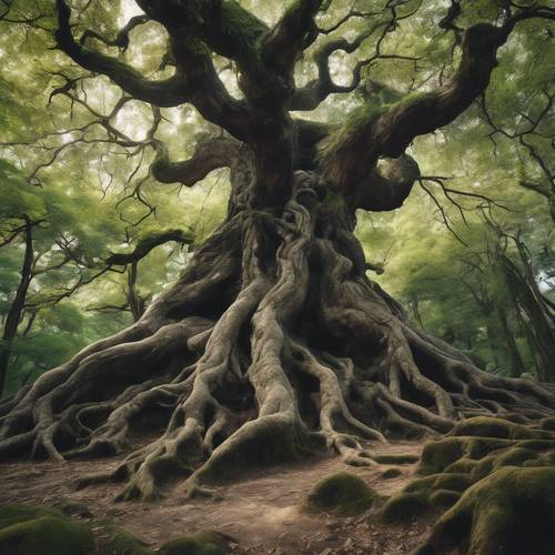 일본의 숲 속에 울퉁불퉁한 뿌리가 우뚝 솟아 있는 고대 나무들.