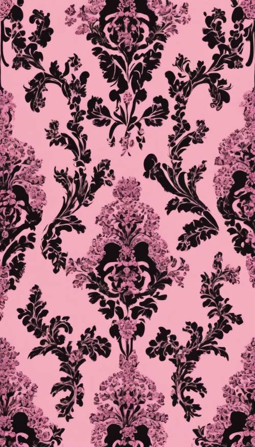 Papel tapiz vintage de damasco rosa y negro que brilla bajo una iluminación suave