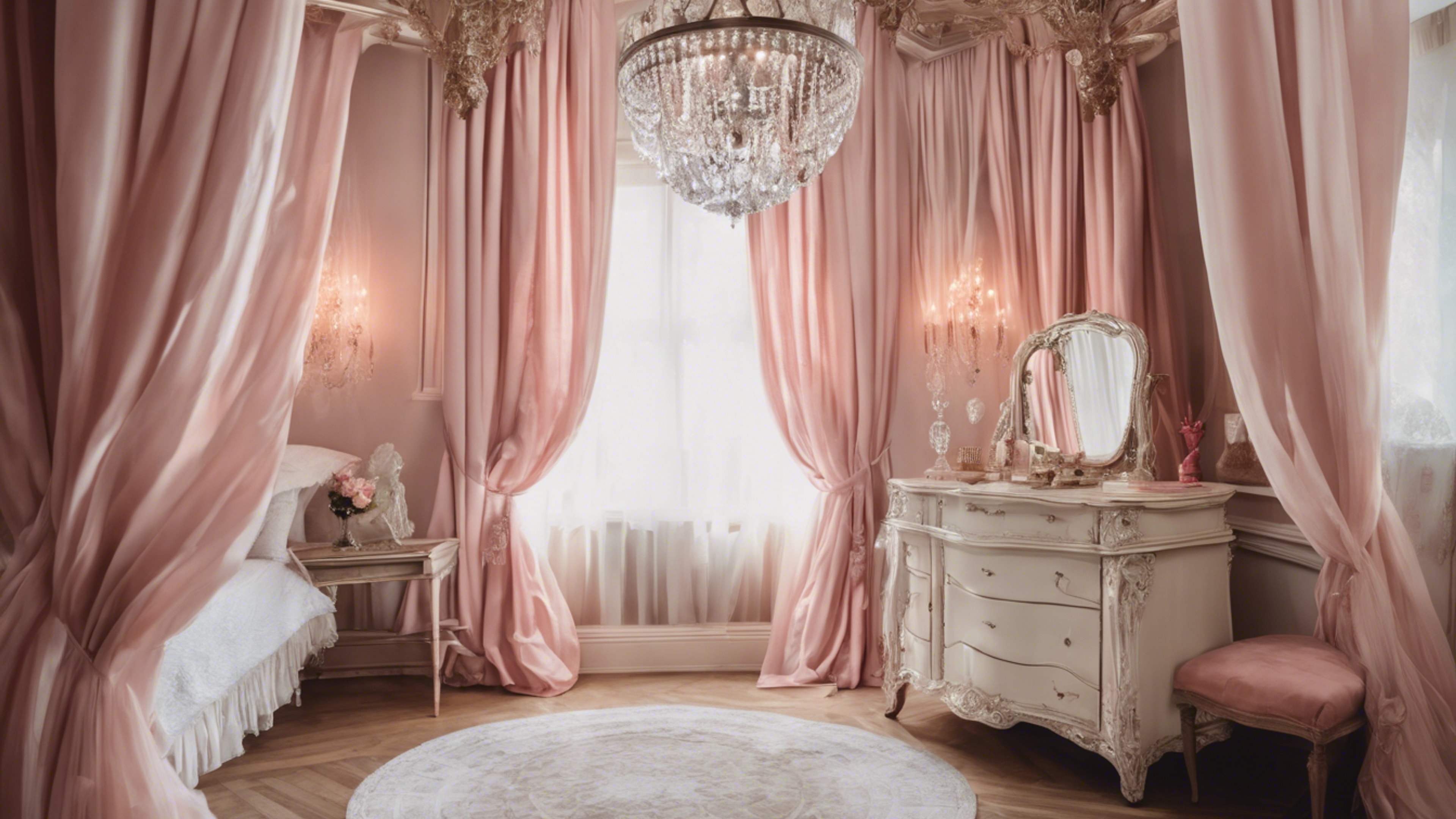 A feminine French bedroom, with canopy bed draped in soft-pink curtains, crystal chandelier hanging overhead, and an elegant antique vanity. Tapetai[9a96ceac1df24dd59ae9]