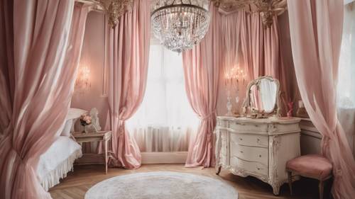 Kamar tidur Prancis yang feminin, dengan tempat tidur berkanopi yang dilapisi tirai merah muda lembut, lampu kristal tergantung di atas, dan meja rias antik yang elegan.