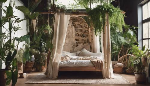 Un sereno collage que muestra una escena de dormitorio boho con una silla colgante, una cama con dosel y muchas plantas.