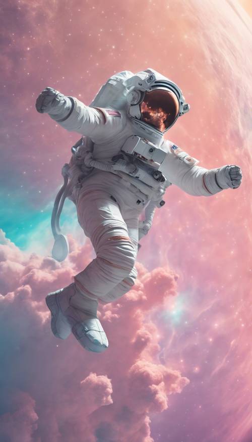 Un astronaute flottant doucement dans une nébuleuse pastel, attaché à un vaisseau spatial pastel.