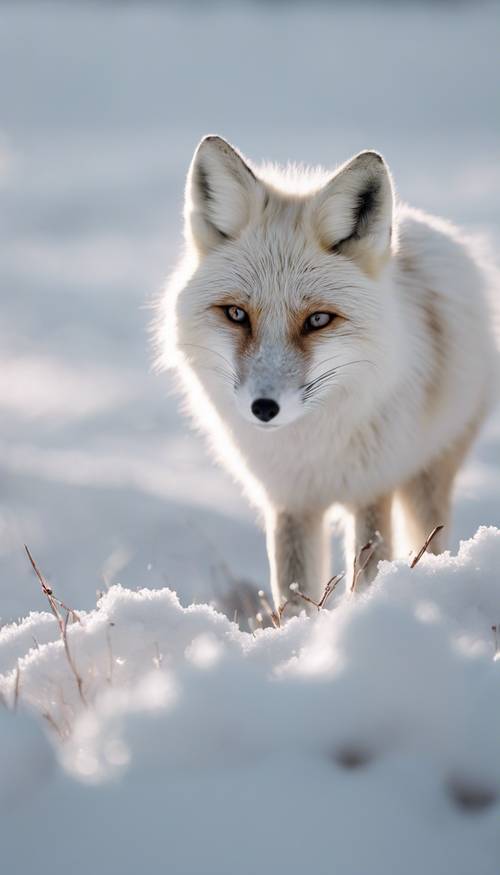 Una vista panoramica della vasta tundra durante i freddi mesi invernali, una volpe bianca come la neve si fa strada attraverso la neve incontaminata.