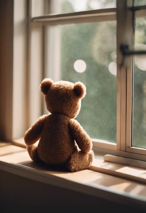 A cozy brown teddy bear sitting by a child's nursery room window.