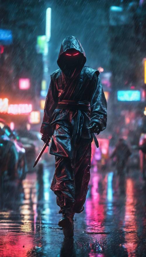 Um ninja vestido de neon se movendo silenciosamente por uma paisagem urbana futurista e chuvosa à noite.