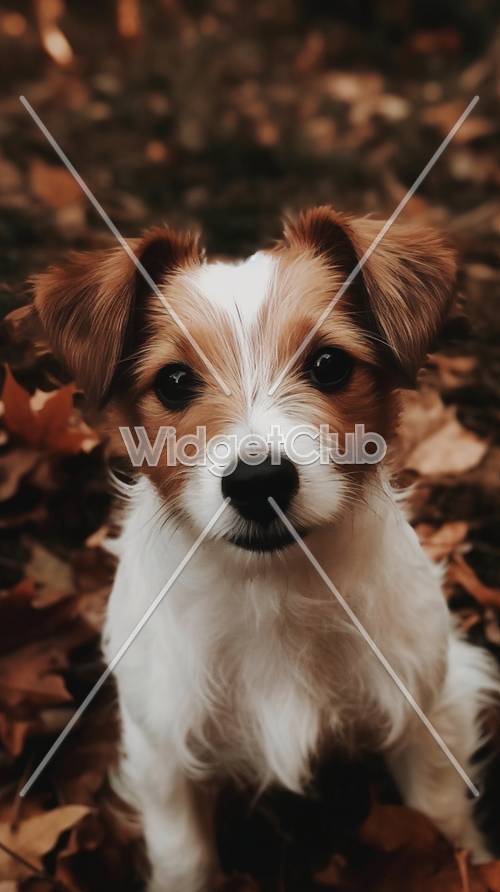 かわいい子犬が落ち葉の中にいる壁紙