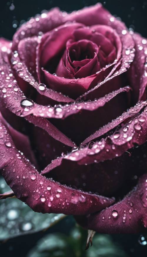 Uma ilustração de uma rosa escura e beijada pelo orvalho, com gotas de chuva brilhando em suas pétalas como pequenos diamantes.