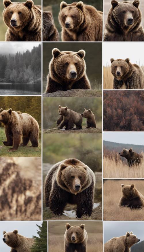 A various assortment of brown bears from cinnamon to dark, shot in different angles, synthesized into a collage.