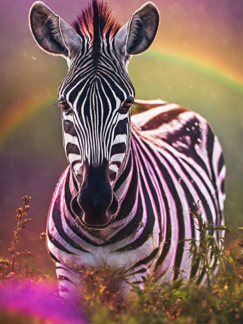 A zebra in the African wild under a vibrant rainbow after a short rain shower.