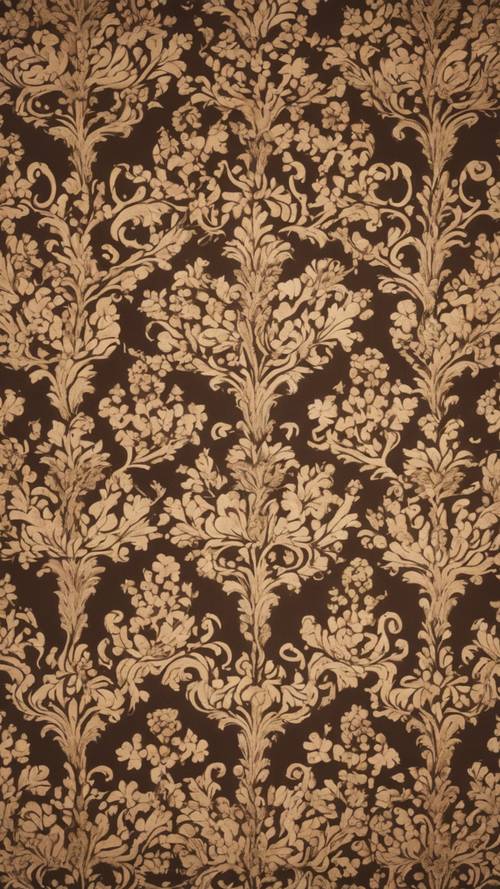 A vintage wallpaper with an ornate pattern of brown damask and floral motifs.