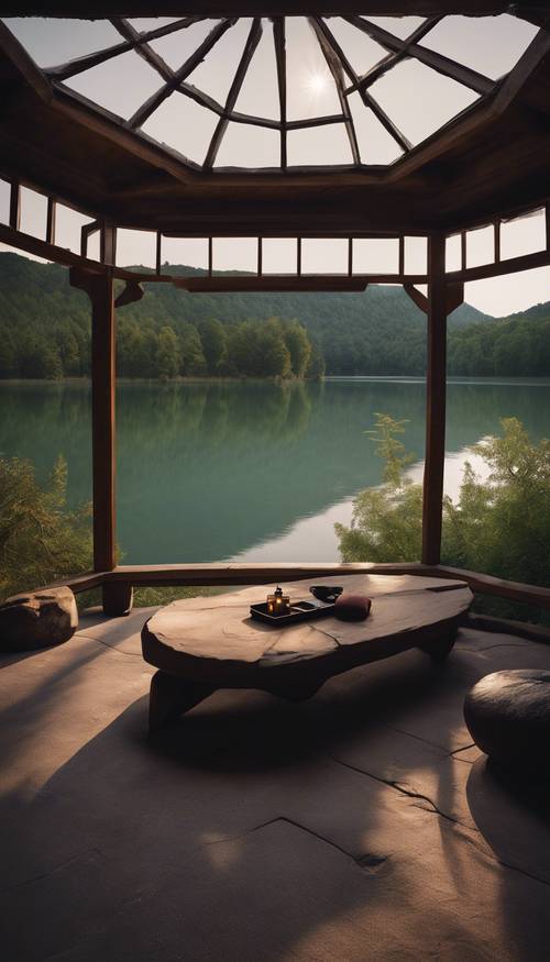 Un tranquillo loft per la meditazione Zen affacciato su un lago illuminato dalla luna.