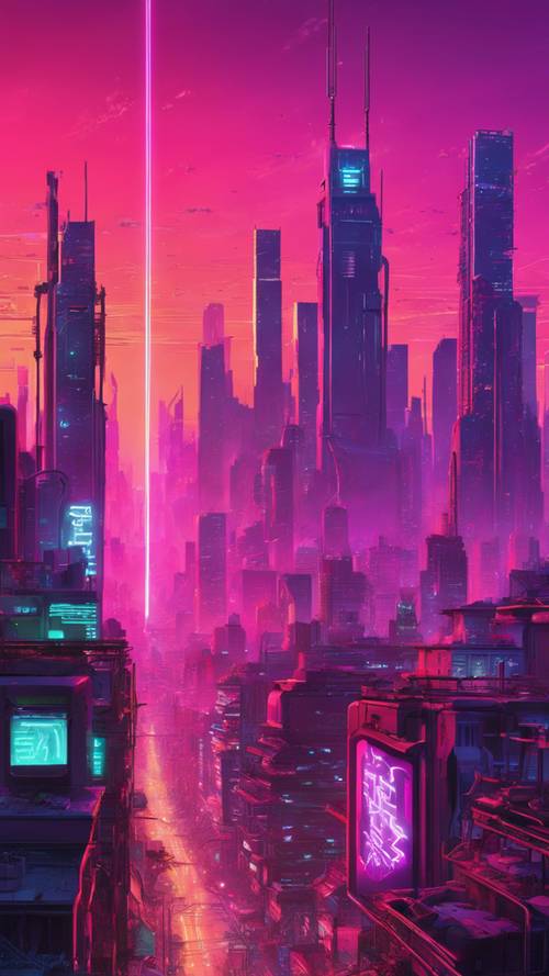 Uma cidade cyberpunk banhada pelo brilho de um pôr do sol neon com densos arranha-céus.