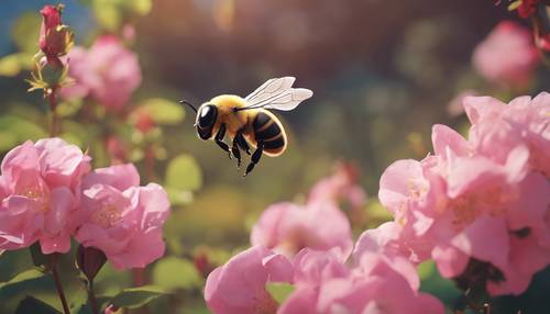 Kreskówka w stylu retro przedstawiająca pulchną, wesołą pszczołę popijającą nektar z dzikich róż.